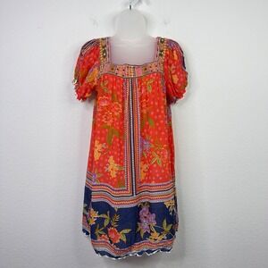 Karyn Seo Dress Womens L Red Orange Floral‎ Embroidered Boho Peasant Vacation